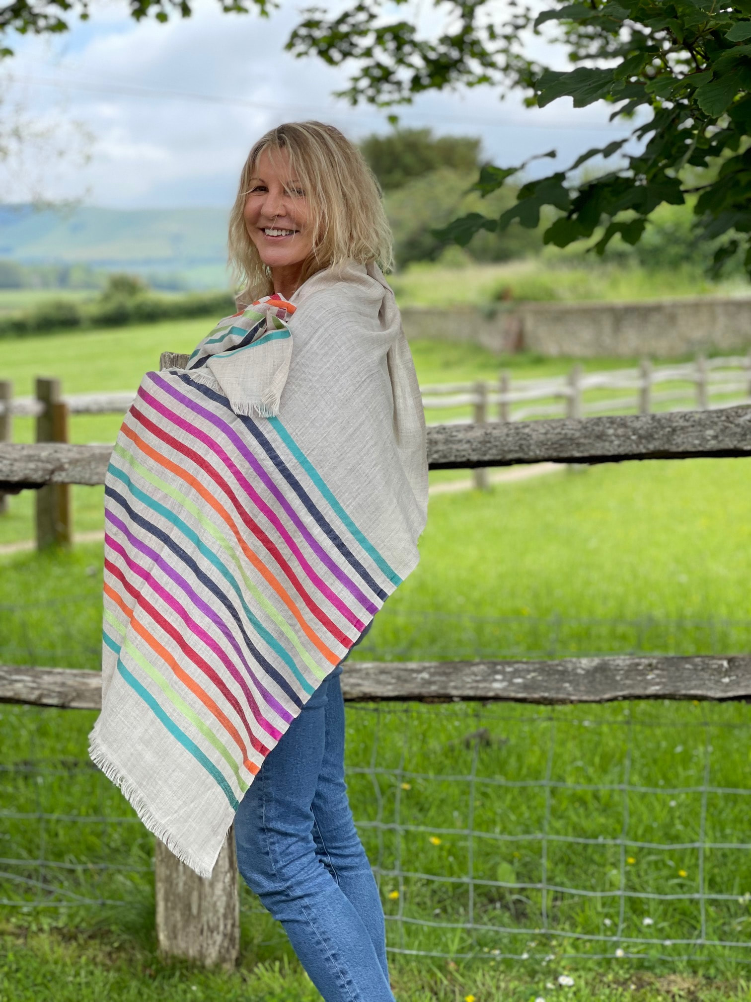 Jo Edwards designer Stone Rainbow stripe wool-silk shawl